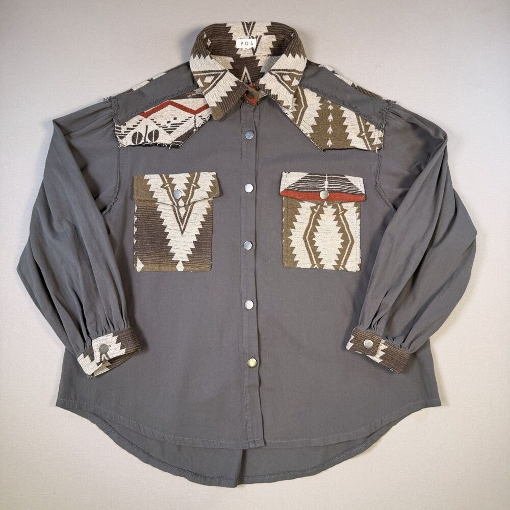 Rare POL Aztec Shacket Small | Western Patchwork Jacket, Fringe, Oversized Top